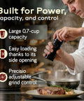 Chef using Unicorn Pepper Mill By Tre Spade Premium Kickin Manual Pepper Grinder over steak, highlighting its features and capacity.