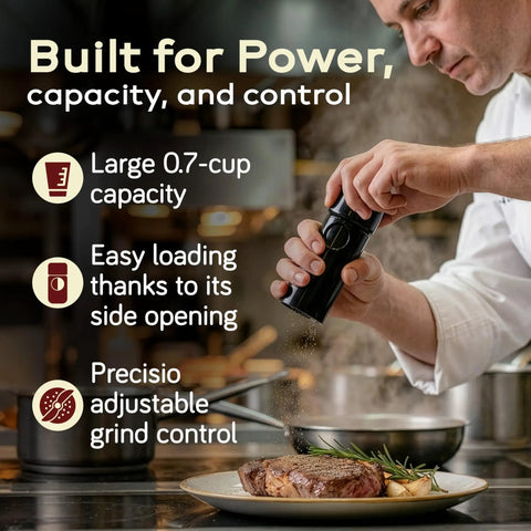 Chef using Unicorn Pepper Mill By Tre Spade Premium Kickin Manual Pepper Grinder over steak, highlighting its features and capacity.