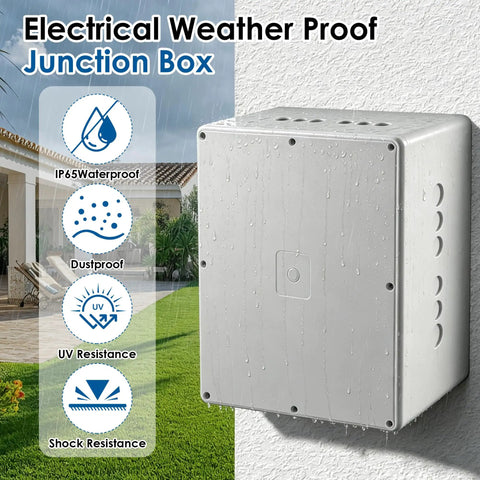 Heavy Duty Waterproof Junction Box With Pre Punched Cutouts For Outdoor Wiring Hassle Free Setup Plastic Electrical Enclosure on wall with rain.