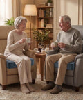 Couple sitting on recliners with Comfy Memory Foam Armchair Pad For Recliners 22 By 22 By 5 Inches With Washable Velvety Cover in gray.