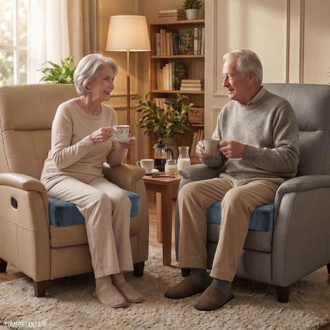 Couple sitting on recliners with Comfy Memory Foam Armchair Pad For Recliners 22 By 22 By 5 Inches With Washable Velvety Cover in gray.