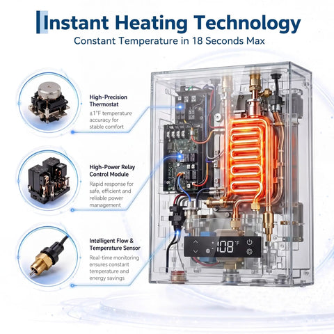 Heavy Duty 27Kw Tankless Water Heater Pumps Out Instant Whole Home Hot Water With Smart Self Regulating Tech components diagram and features