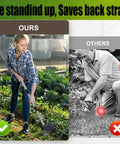 Person using 60 Inch Weed Puller With Long Handle in garden, easy uprooting, yard work made easy, comparison with traditional method.