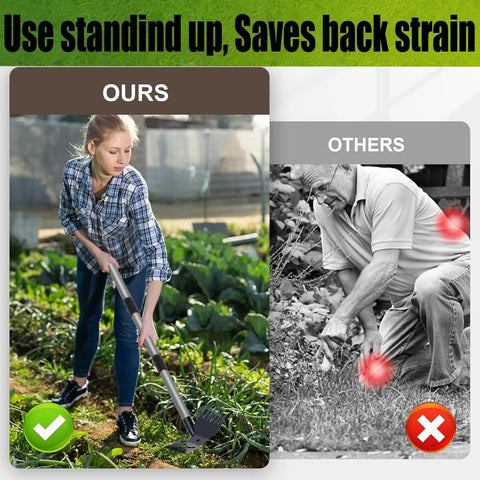 Person using 60 Inch Weed Puller With Long Handle in garden, easy uprooting, yard work made easy, comparison with traditional method.