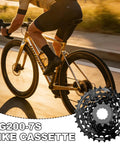 Cyclist riding with a 7 Speed Bike Cassette CS HG200 12 32T Sprocket, focus on cassette design and chrome steel build.