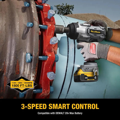 One Half Inch Cordless Impact Wrench Delivers Serious Kick Through A Brushless Motor pumping 1500 ft lbs torque on a pipe.