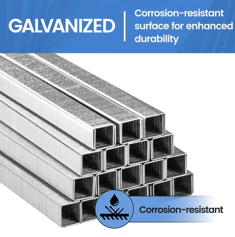 Top Shelf Heavy Duty T50 Staples For Staple Gun Quarter Inch Long Galvanized Steel Twenty Gauge Three Eighths Crown Five Thousand Pack Knockout stacked, showcasing corrosion-resistant surface.