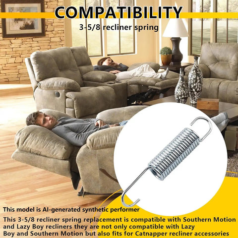 Heavy Duty Three Five Eighth Inch Recliner Tension Springs Four Pack with hooks, in a living room setting with reclining chairs.