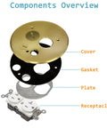 Components of Screw Cap Floor Box Cover Kit 5.5 Inch Brass Twist Lock With Flip Up Flange, 20A Tamper Weather Resistant Receptacle.