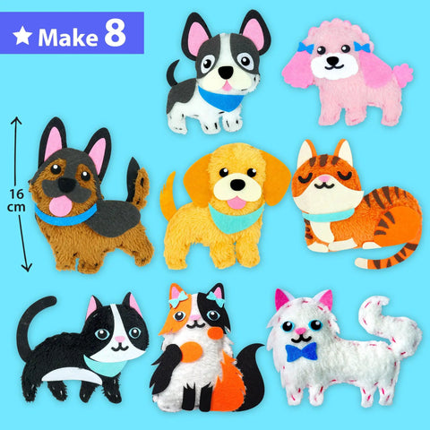 Easy Peasy Beginner Sewing Kit For Kids With 8 DIY Plush Toy Projects Puppies Kittens Dogs And Cats Includes Felt And Simple Step By Step Instructions A Fun All In One Craft Gift For Boys And Girls, showing eight colorful plush toys.