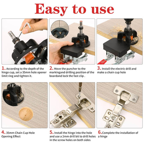 Step-by-step guide using 35mm Concealed Hinge Jig For Cabinets, Heavy Duty Aluminum Drill Guide With 2 Quick Clamps, Adjustable Quick Punch Tool