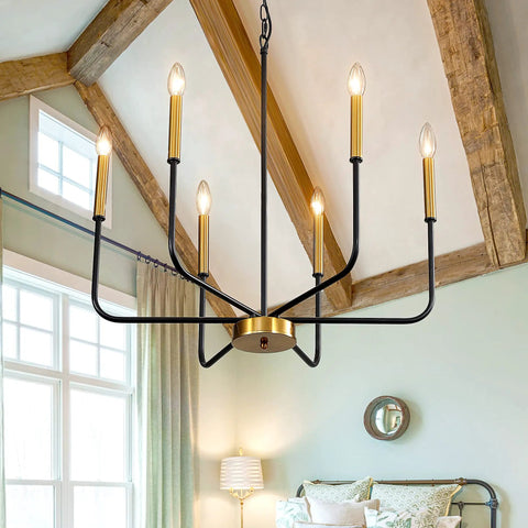 Farmhouse Six Light Chandelier In Black And Gold Dope Modern Candle Pendant Lights Hanging in Vaulted Ceiling Room