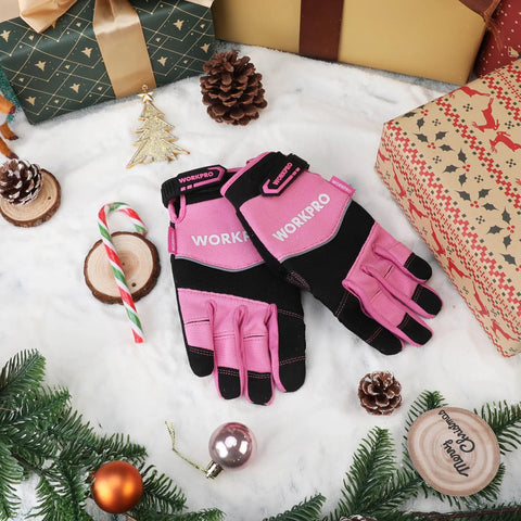 Pink Safety Work Gloves For Women And Men, Medium Size, Tough Polyester Back, Comfortable Ergonomic Fit, Built For DIY, Construction, Gardening, And Everyday Grippy Tasks on festive snow