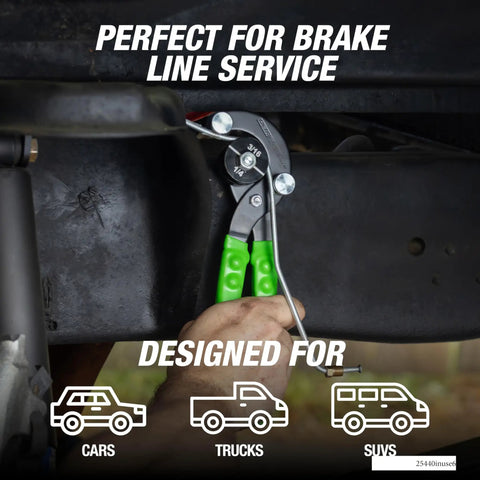 Pro Grade Stainless Steel Tube Bending Pliers used on brake line under vehicle, green handles visible