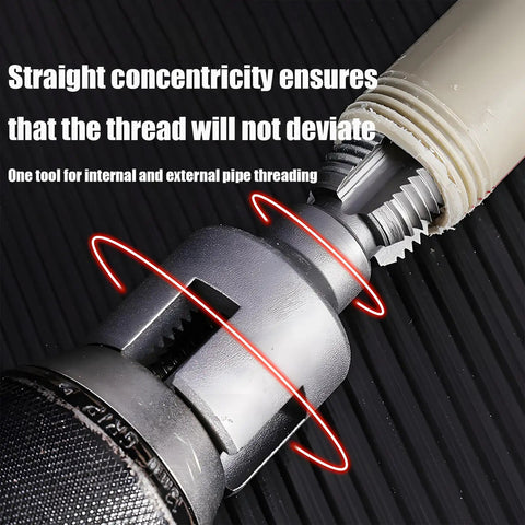 Dual Function Pipe Thread Cutter And Threader Kit For Home Use Internal And External Threading In One Tool in action on PVC pipe