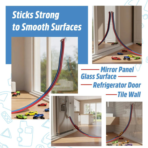 Flexible Race Track For Kids 15 Foot Roll Up Starter Set With Suction Cups Compatible With Hot Wheels 1 64th Cars on surfaces