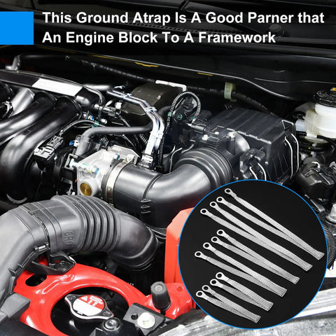 12 Piece Engine Grounding Straps Kit With 10 15 And 20 Inch Options shown near car engine.