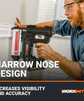 Man using 20V 18GA Cordless Brad Nailer Nail Gun for trim molding with tool-free jam release, battery-powered with PowerShare.