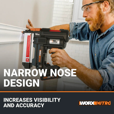 Man using 20V 18GA Cordless Brad Nailer Nail Gun for trim molding with tool-free jam release, battery-powered with PowerShare.