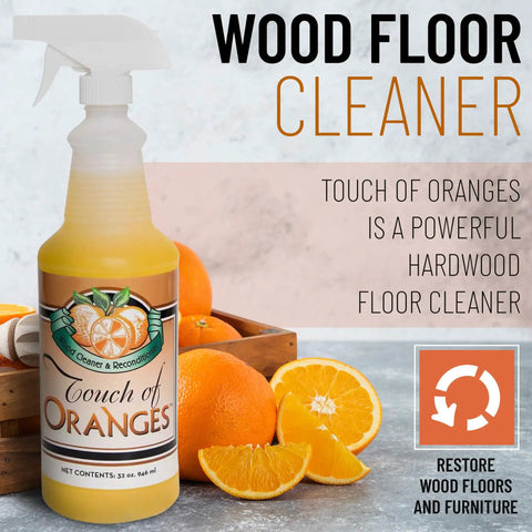 Beeswax Wood Polish And Restorer Bundle For Hardwood Floors with Real Orange Oil, 32 oz bottle displayed with sliced oranges.