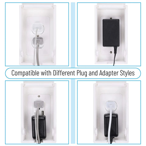 Kid Proof Outlet Safety Box Cover with Switch and Plug Covers Patent Pending Design showing plug compatibility