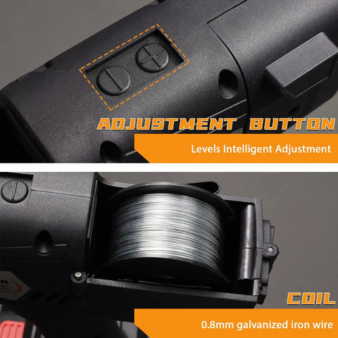 Adjustment button and wire coil of Automatic Rebar Tier Gun 0.3 To 1.3 Inch Tie Tool With 4400mAh Rechargeable Battery
