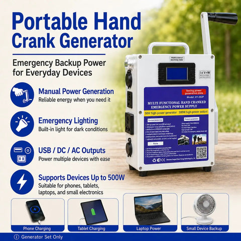 Crank Powered Portable Hand Crank Generator Emergency Power Station With 150W And 500W Selectable Output For Off Grid Power Backup