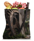 Cool Industrial Gear Ruin Factory Machinery Tote Bag with heavy duty handles, filled with groceries and flowers, in an industrial setting.