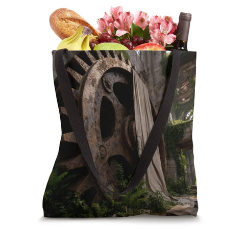 Cool Industrial Gear Ruin Factory Machinery Tote Bag with heavy duty handles, filled with groceries and flowers, in an industrial setting.
