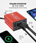 Heavy Duty 150W Car Power Inverter With 12V DC To 110V AC Outlet And Dual 3.1A USB Charging Ports close-up showing inputs and outputs.
