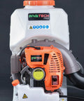 Backpack Mosquito Fogger With Turbo Pump M915 Cold Fogger And Mister Duster for outdoor pest control, showing orange engine and white tank.