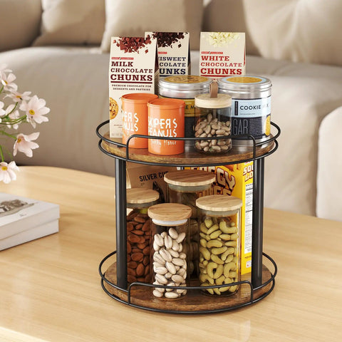 10.2 Inch Wood Lazy Susan Turntable Organizer For Cabinet And Countertop 2 Tier Spice Rack with snacks and jars displayed