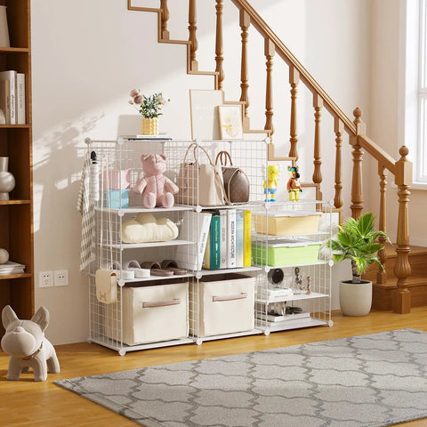 Interlocking Wire Cube Storage Unit And Divider System with white panels and metal wire shelving, used as bookshelf and organizer.