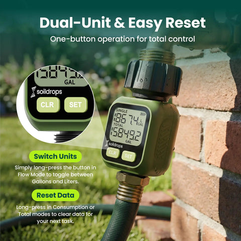 Digital Water Flow Meter For Garden Hose Three Quarter Inch GHT Flow Tracker For Real Time Rate And 7 Day Averages Single Session And Total Readouts Accurate Within About Five Percent Helps You Save Water And Cut Your Water Bill. mounted on hose