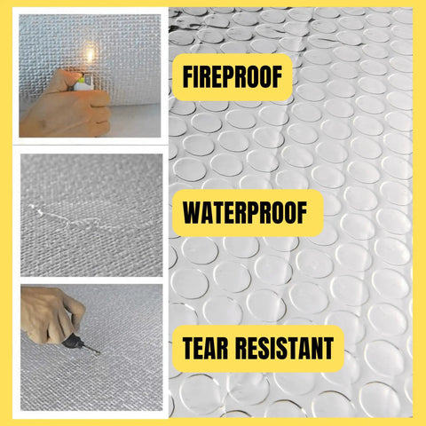 Premium Attic Door Insulation Cover For Pull Down Stairs Extra Thick Double Bubble Insulation showing fireproof, waterproof, tear resistant qualities.