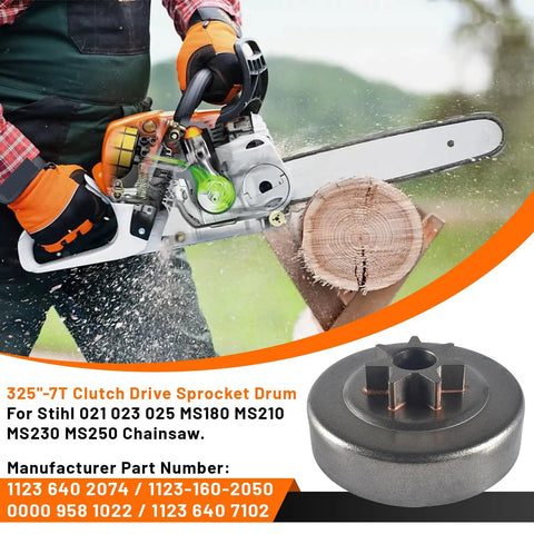 Chainsaw cutting wood with 325-7T Clutch Drive Sprocket Drum for Stihl MS250 MS230 Chainsaws 0.325 Pitch 7 Teeth Replacement.