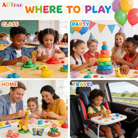 Children using Air Dry Clay Kit For Kids With 90 Colors And Tools for crafting at school, parties, home, and in car travel.