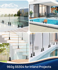 Heavy Duty Matte Black Glass Railing Spigot 2.1lb T304 Stainless Steel Clamp Post No Drill Design for Pool Deck Stair Balustrade Balcony Level 2 12 Pack installed at poolside and staircase.