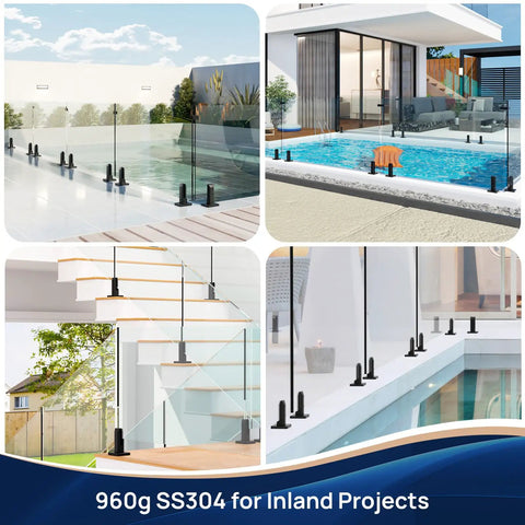 Heavy Duty Matte Black Glass Railing Spigot 2.1lb T304 Stainless Steel Clamp Post No Drill Design for Pool Deck Stair Balustrade Balcony Level 2 12 Pack installed at poolside and staircase.
