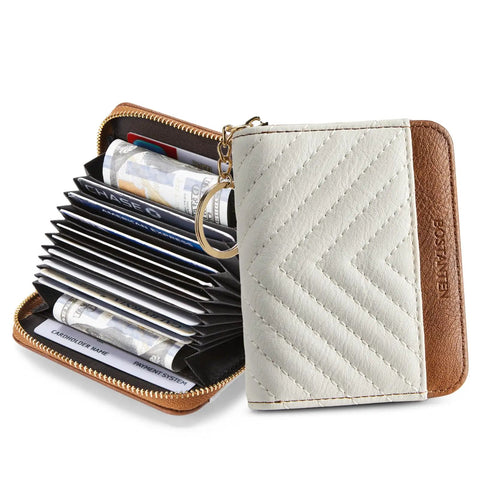 RFID Blocking Credit Card Holder Wallet For Women With Zipper Keychain Wristlet In A Small Leather Card Case, Beige And Brown, Durable Vegan Leather, Everyday Carry, Slim Yet Roomy On The Go