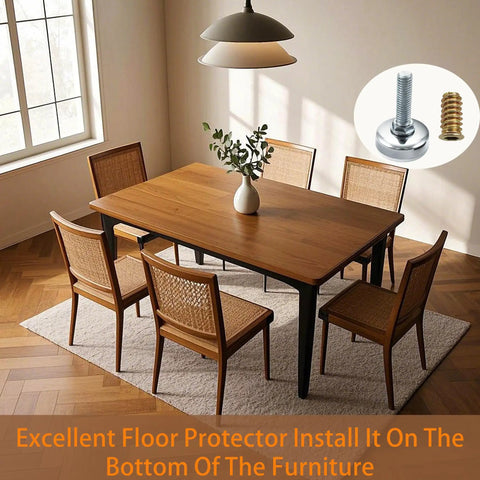 Dining table with chairs featuring Beefy 10 Piece Adjustable Leveling Feet M8x25mm Heavy Duty Levelers, nylon base, stainless core.