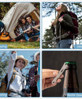 Image showing Mini Stainless Steel Pocket Pry Bar Crowbar EDC Tool Five Pack in use for camping, hiking, traveling, and opening bottles.
