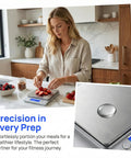 Woman using Kitchen Scale 3000G 0.1G Digital Food Scale With LCD Tare Function And Multi Unit Conversion in a modern kitchen.