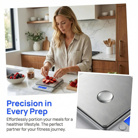 Woman using Kitchen Scale 3000G 0.1G Digital Food Scale With LCD Tare Function And Multi Unit Conversion in a modern kitchen.