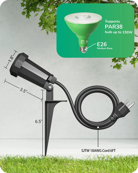 Heavy Duty Weatherproof Outdoor Halloween Flood Lights 120V with six foot extension cord, black ceramic base and ground stake.