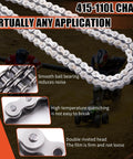 415-110L chain for motorized bikes; silver metal roller chain with riveted links.