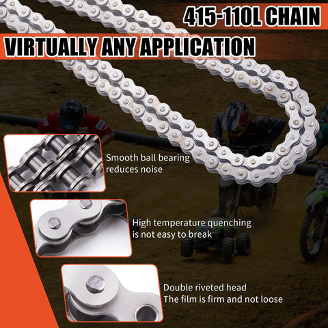 415-110L chain for motorized bikes; silver metal roller chain with riveted links.