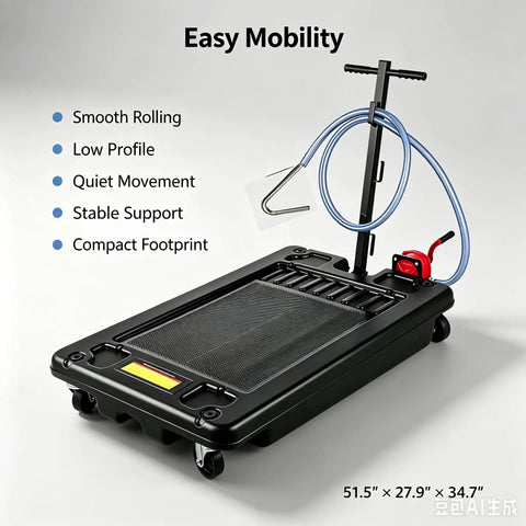 Heavy Duty 17 Gallon Low Profile Oil Drain Pan With Hand Pump Hose For Auto Shop Garage Fluid Collection Tank Casters And Drain Port with mobility features