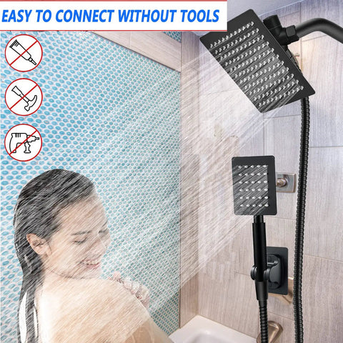 Square Rain Shower Head With Handheld Spray Bundle in use, high pressure all metal, matte black finish, easy install shown