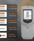 Stud Finder Wall Scanner LCD Display Audio Alarm Leveler Detector Tool showing depth modes on a gray background.